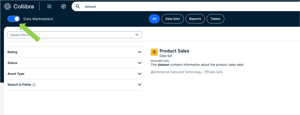 Data Marketplace toggle integrated in search bar on Landing Dashboard Collibra